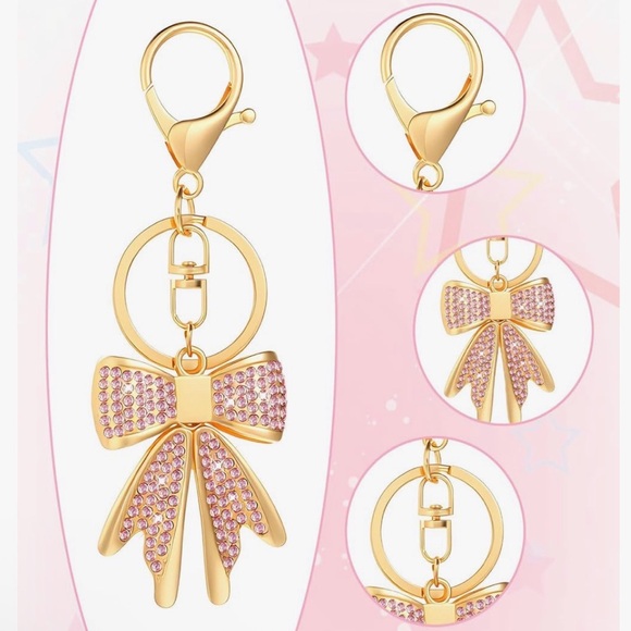 Sparkly Gold Plated Diamond Rhinestone Bow Keychain - Picture 3 of 3
